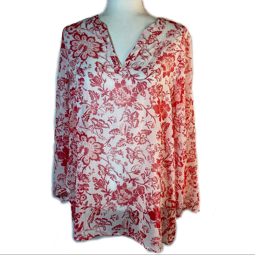 Susan Graver Floral Print Red Pink Silver Long Sleeve V-neck Blouse Size Medium